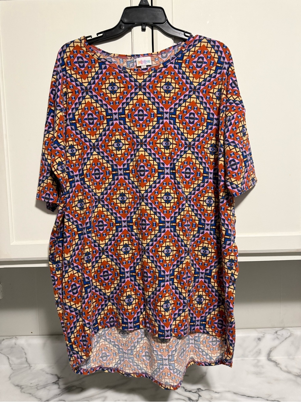 LuLaRoe Orange and Purple Geometric Tunic Top